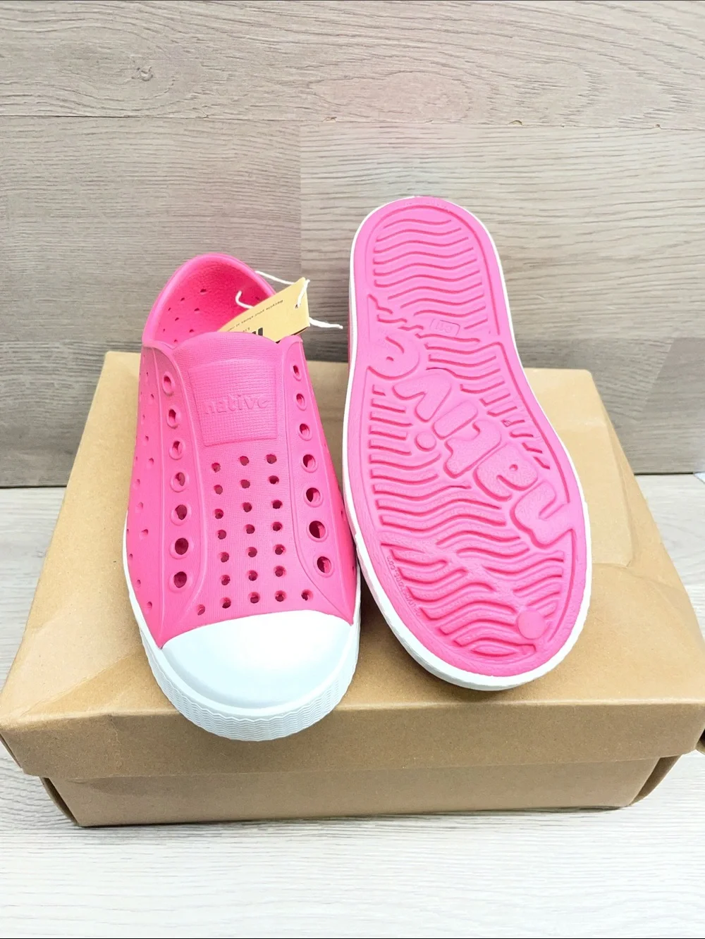 Native Kids Slip-On Water Shoes in Hot Pink with White Toe Cap #339